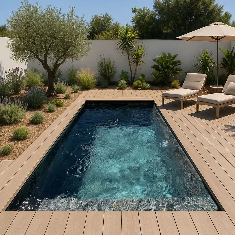 Petite piscine avec terrasse en bois