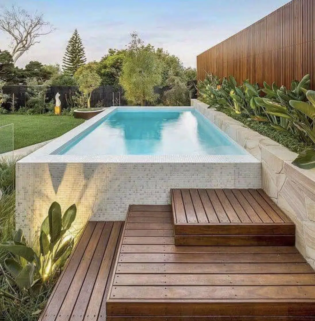 Piscine avec terrasse en bois et plantes
