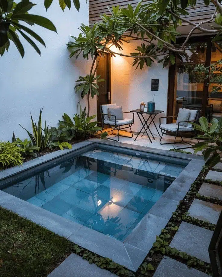 Petite piscine avec terrasse et chaises