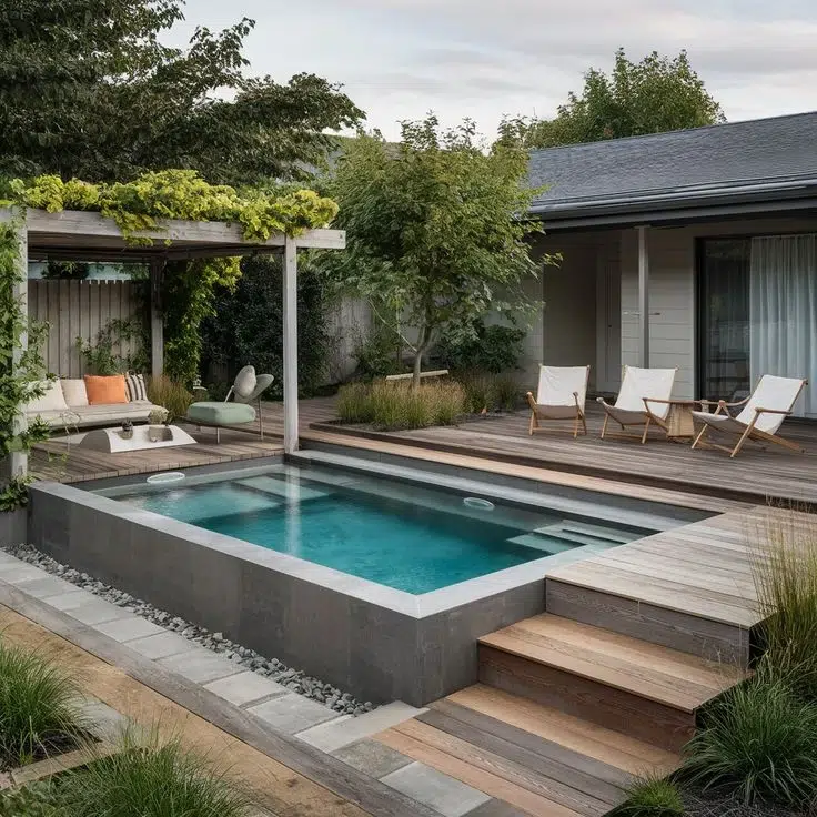 Piscine semi-enterrée avec terrasse en bois