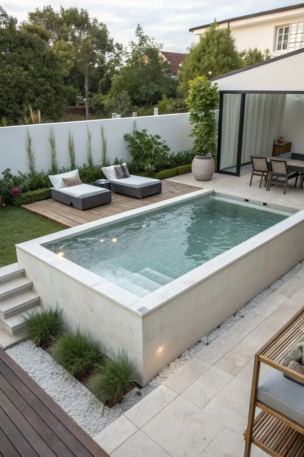 Piscine semi-enterrée moderne avec chaises longues
