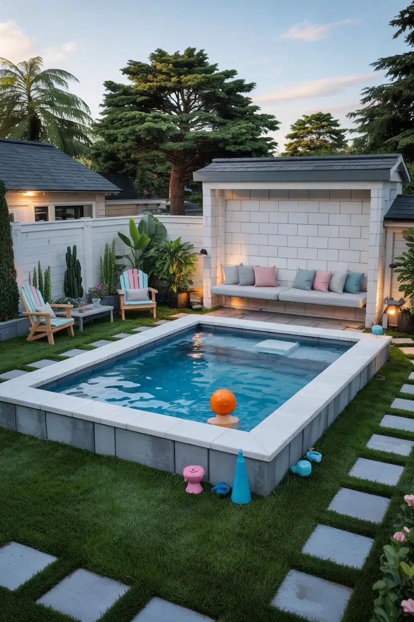 Piscine semi-enterrée avec mobilier de jardin